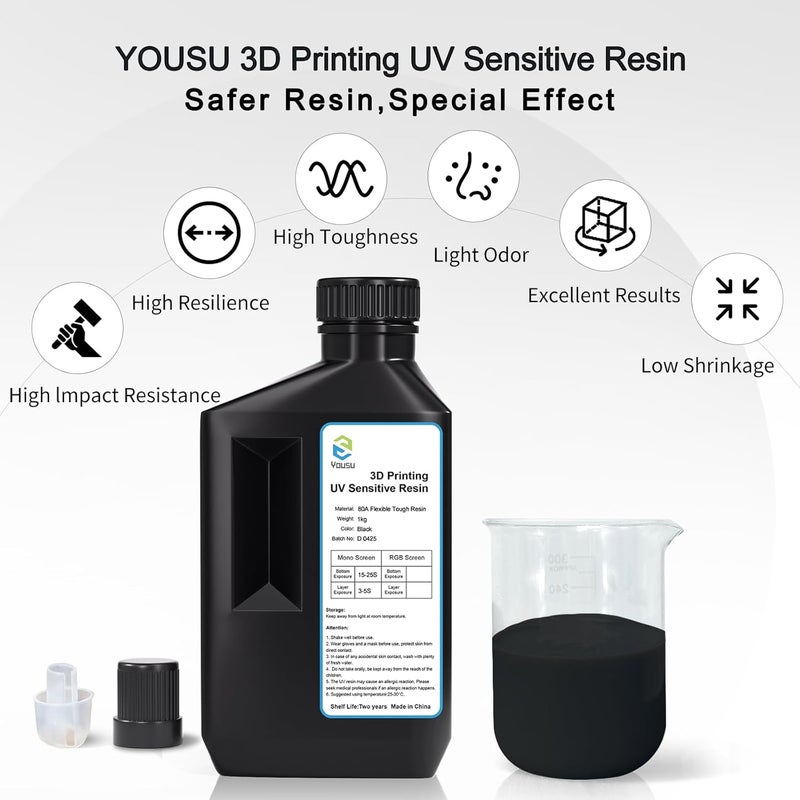 YOUSU رواسب طباعة ثلاثية الأبعاد مرنة وقوية (شور 80A) ، تشبه المطاط/TPU ، 1 ، راتنجات طباعة ثلاثية الأبعاد عالية الإطالة 405nm سريعة التصلب بالأشعة فوق البنفسجية للطباعات LCD ، أسود 1000 جرام - Image 2
